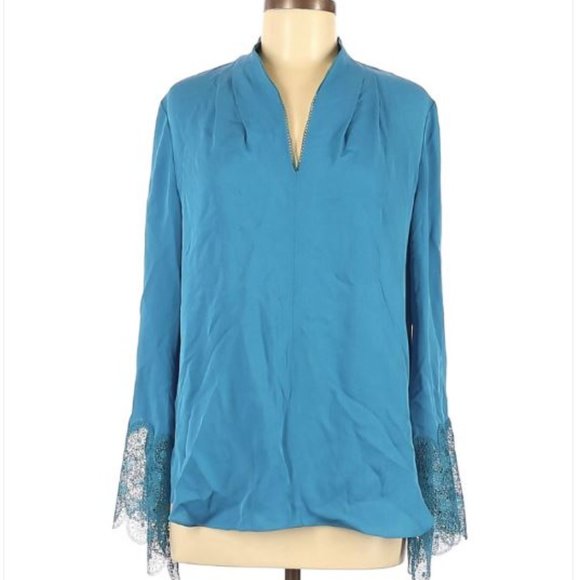 NWT Elie Tahari Gaia Silk Lace Sleeve Blouse M - Picture 2 of 5